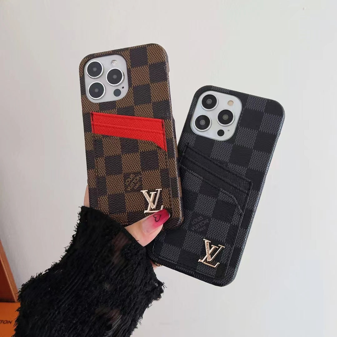 LV iPhone card slot case shown in brown and black checkered pattern options