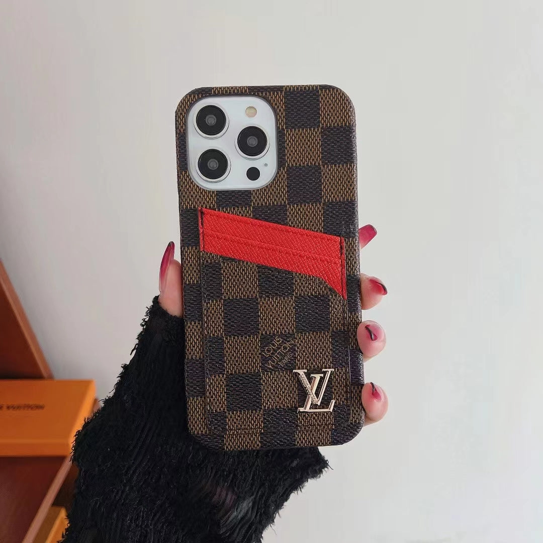 Brown checkered LV iPhone card slot case with a contrasting red accent