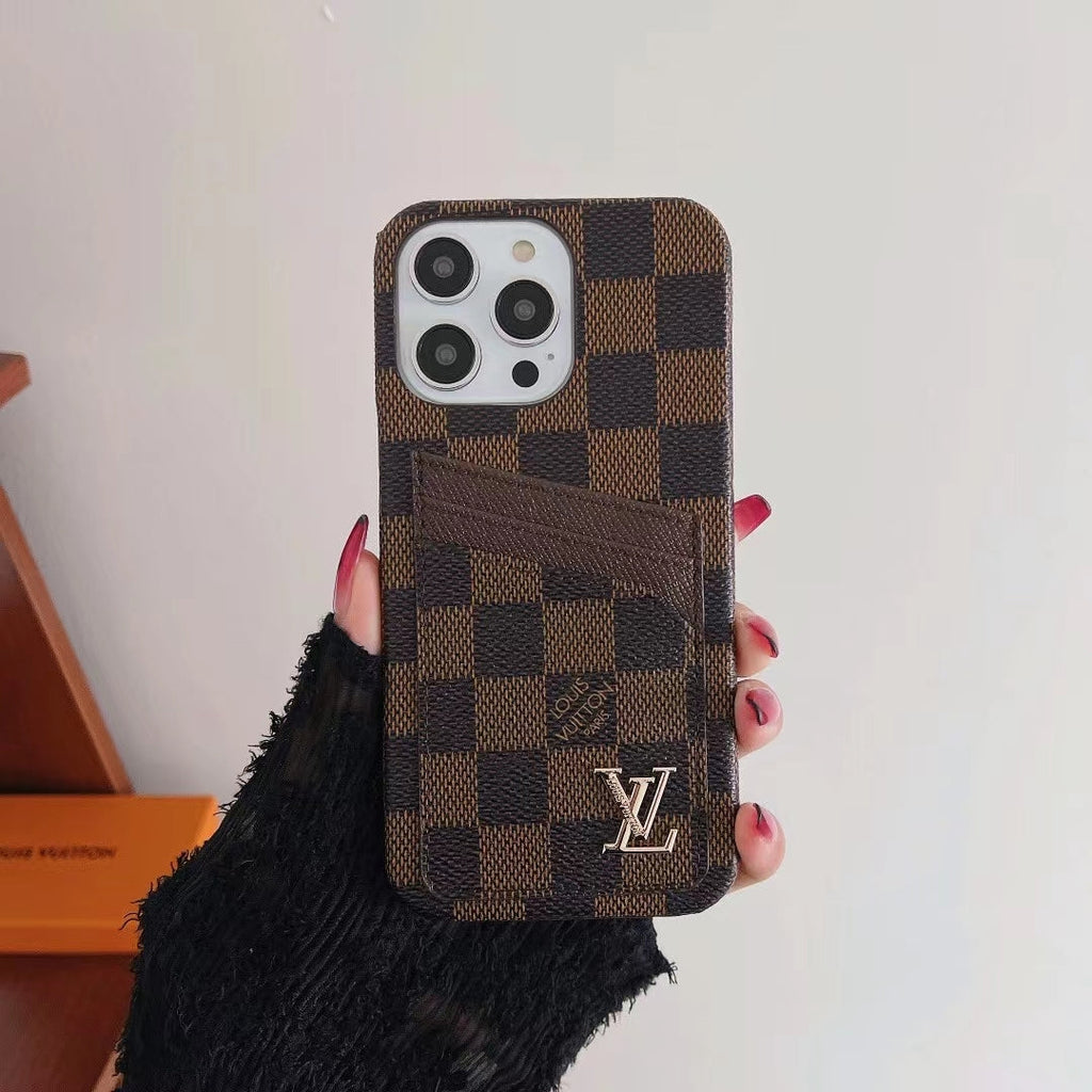 Brown checkered LV iPhone card slot case showing the classic patterned rear cover