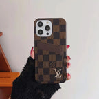 Brown checkered LV iPhone card slot case showing the classic patterned rear cover