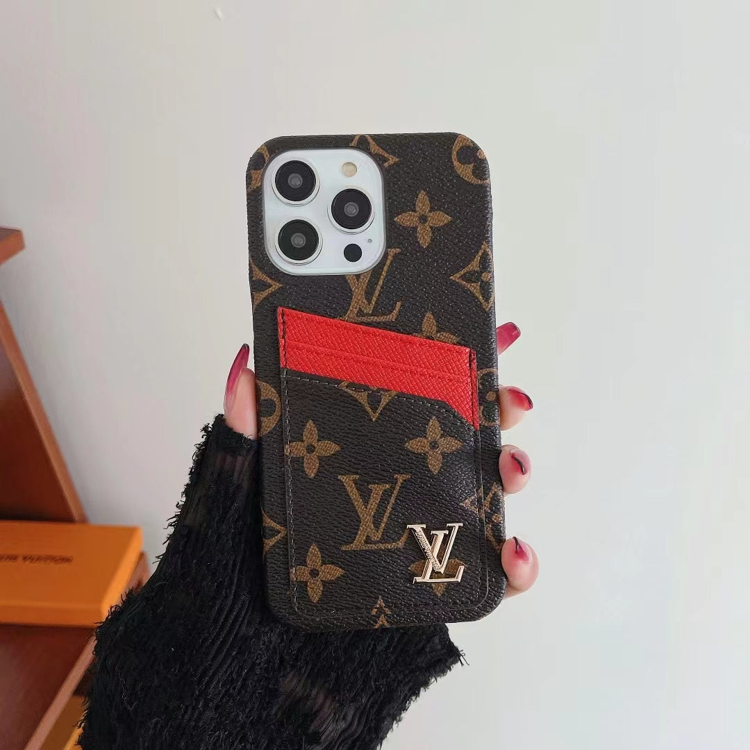 Brown monogram LV iPhone card slot case with a red accent detail