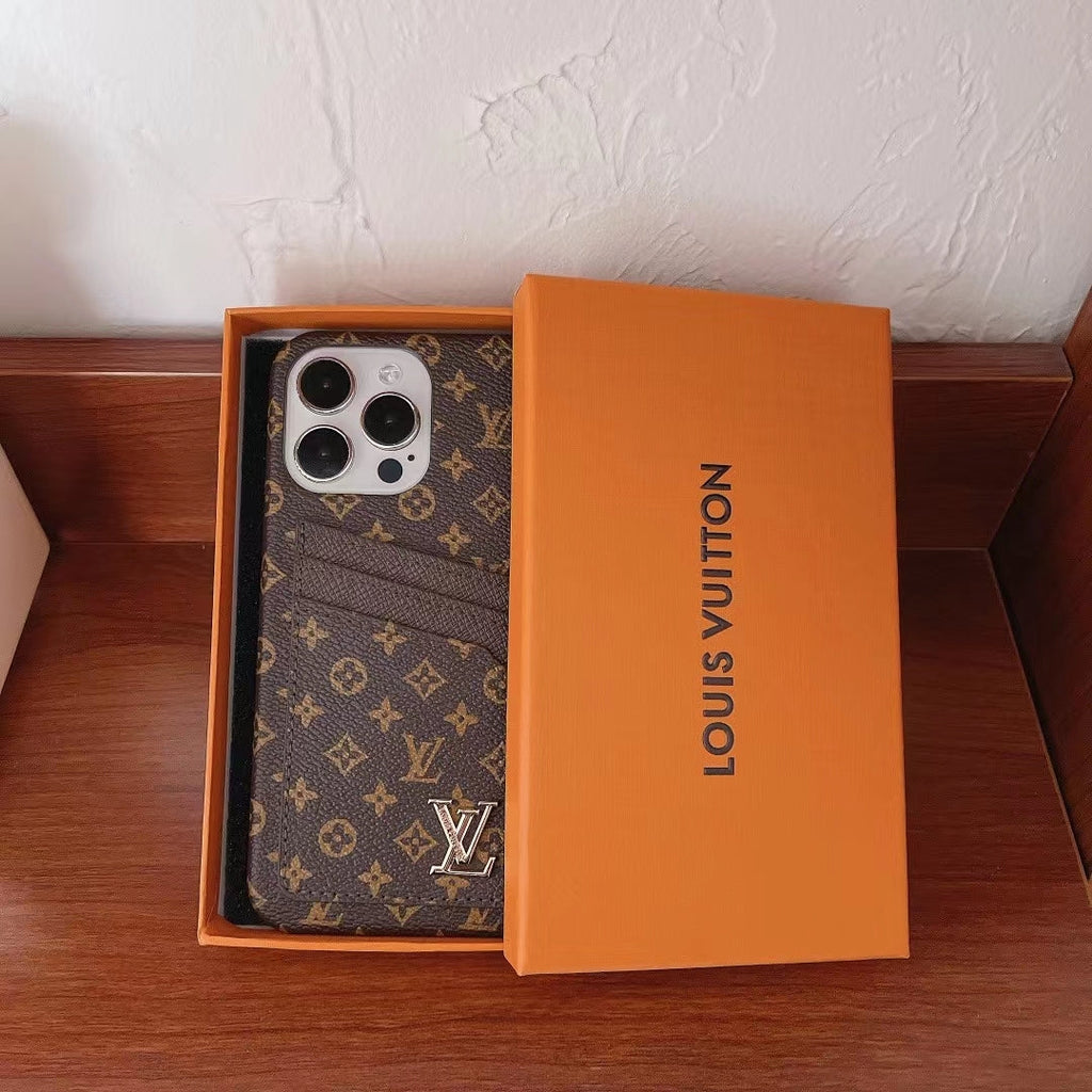 LV iPhone card slot case shown packaged in a presentation box