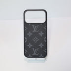 Classic leather LV iPhone case close-up highlighting the leather pattern and camera surround