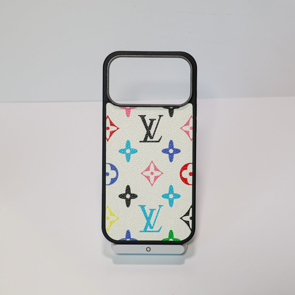 Classic leather LV iPhone case showing the complete patterned back and slim fitted profile