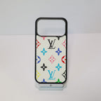 Classic leather LV iPhone case showing the complete patterned back and slim fitted profile