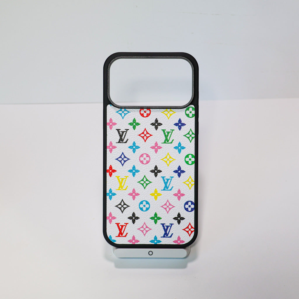 Classic leather LV iPhone case close-up showing the leather finish and edge protection
