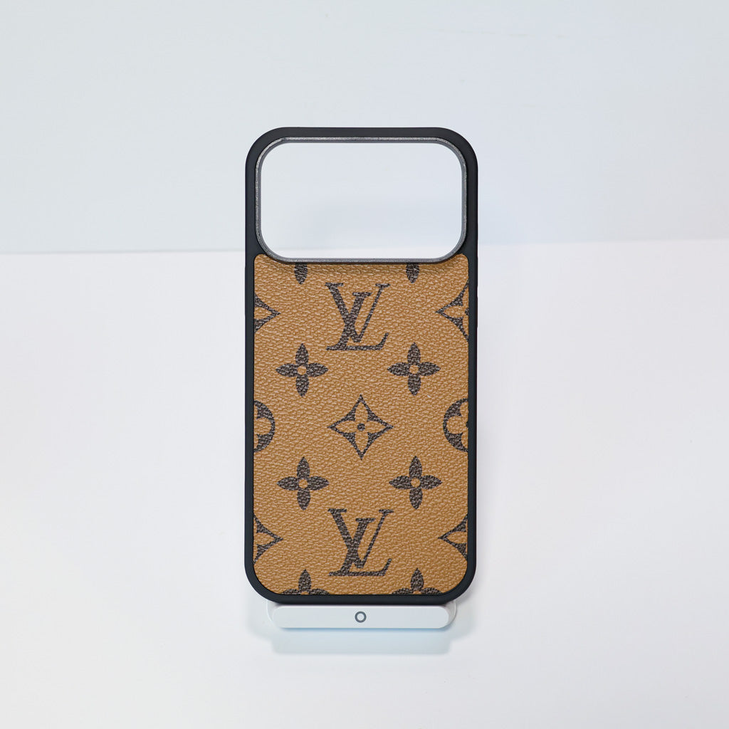 Classic leather LV iPhone case showing the protective back, material texture and finished edges