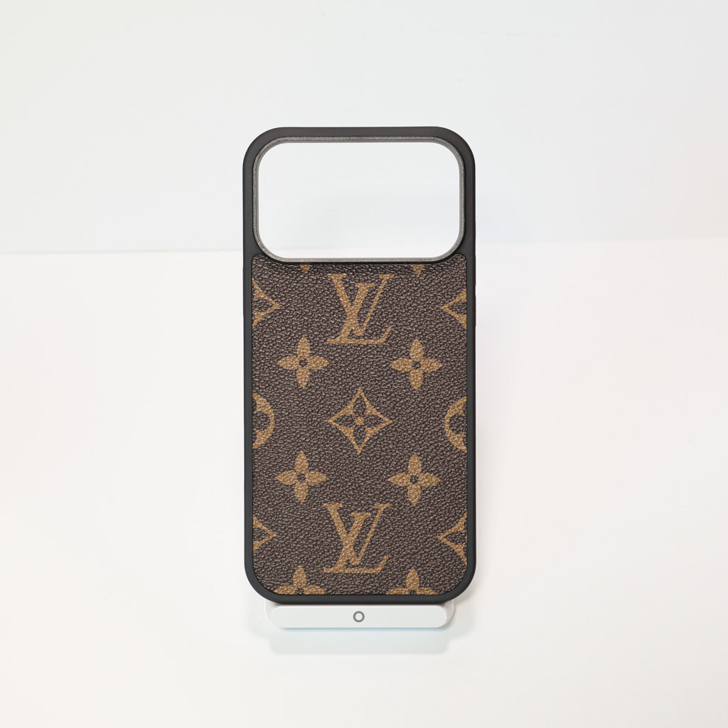 Classic leather LV iPhone case showing the full rear pattern and fitted camera cutout