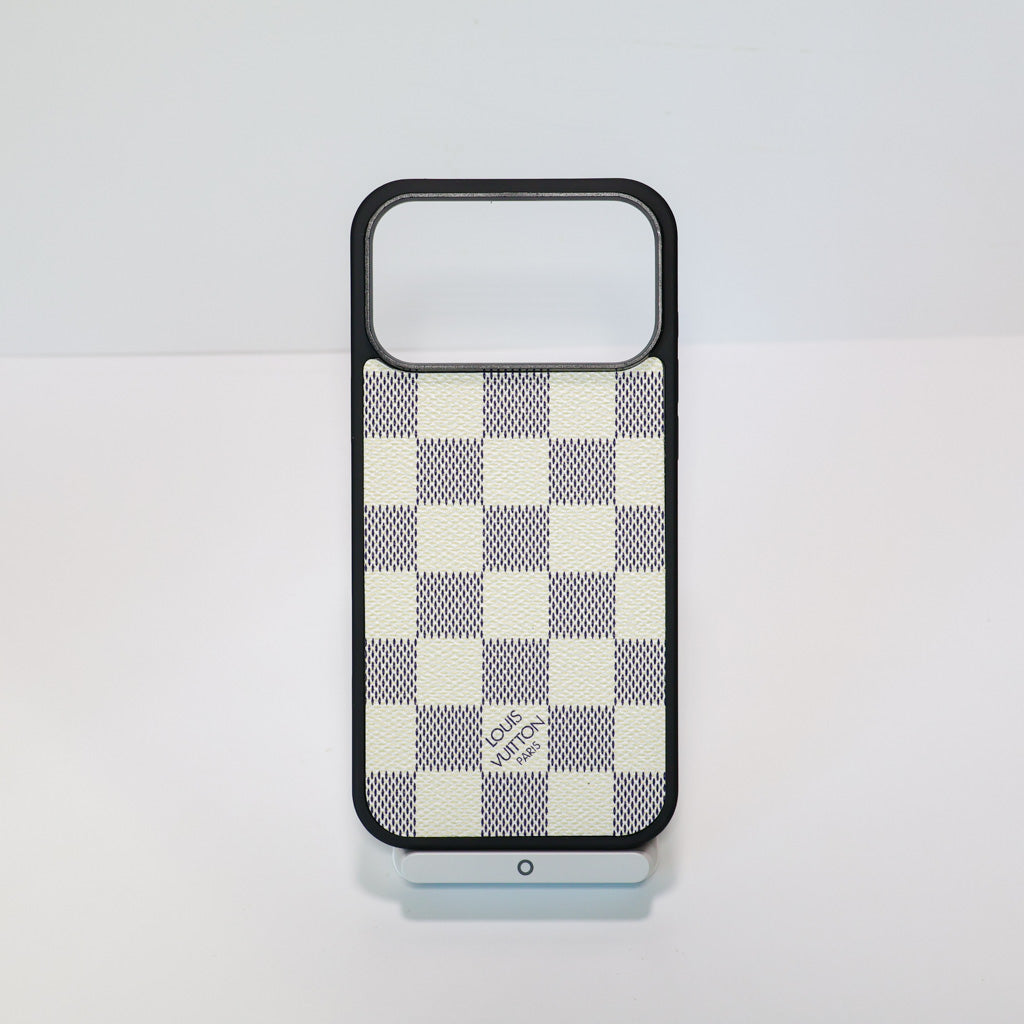 Classic leather LV iPhone case showing the patterned rear design and protective camera opening