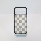 Classic leather LV iPhone case showing the patterned rear design and protective camera opening