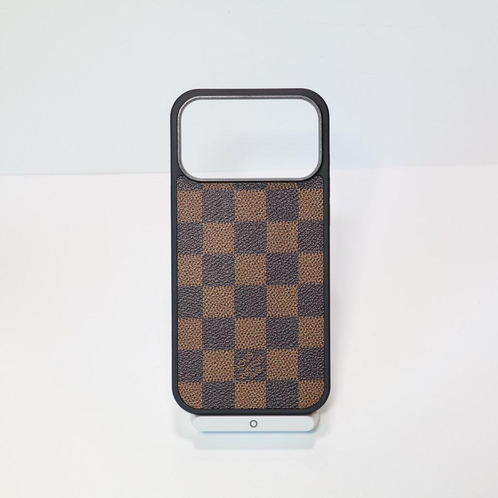 Classic leather LV iPhone case showing the slim protective cover and fitted corners