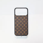 Classic leather LV iPhone case close-up showing the premium patterned surface and slim fit