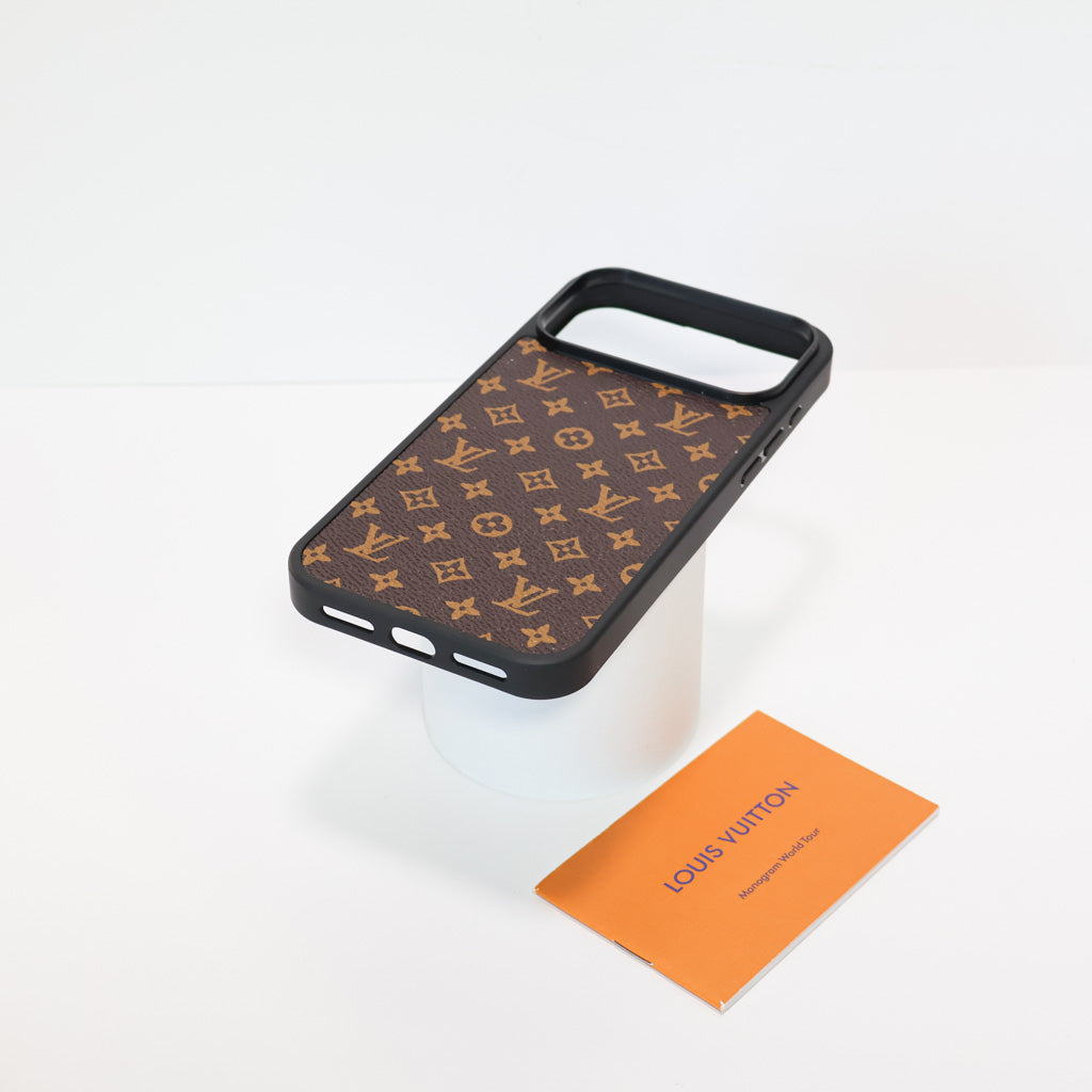 Classic leather LV iPhone case showing the leather finish and fitted protective corners