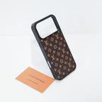 Classic leather LV iPhone case showing the patterned back and camera protection