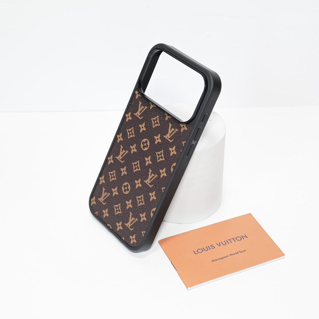 Classic leather LV iPhone case showing protective edges and the slim leather profile