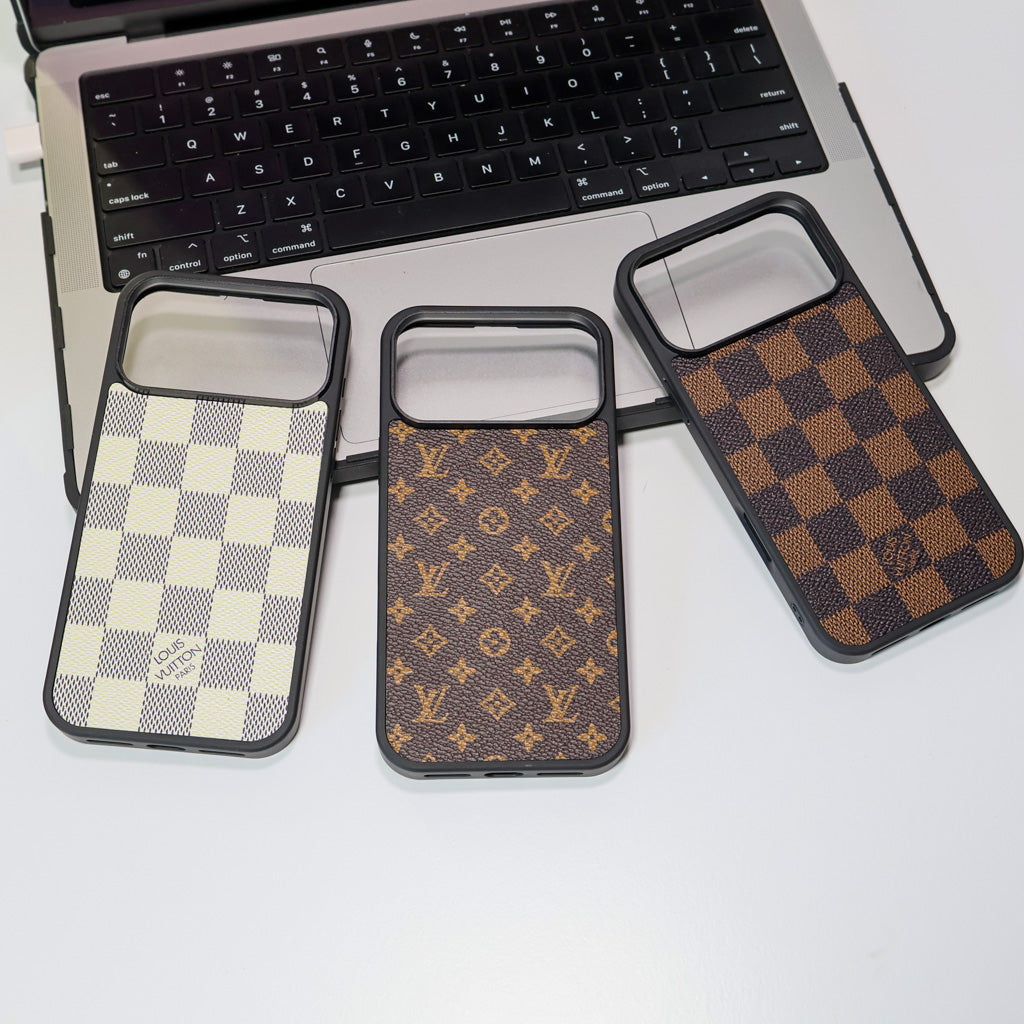 Classic leather LV iPhone case showing the patterned rear cover and fitted camera opening