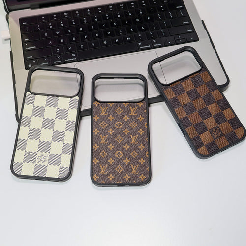 Classic leather LV iPhone case showing the patterned rear cover and fitted camera opening