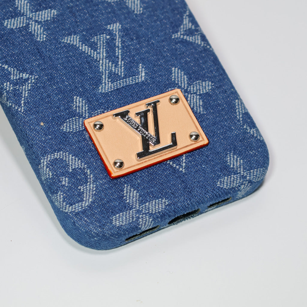 LV denim iPhone case shown from the rear with the fabric pattern and camera cutout