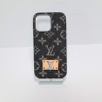 Close-up product view of the LV denim iPhone case and its woven protective back