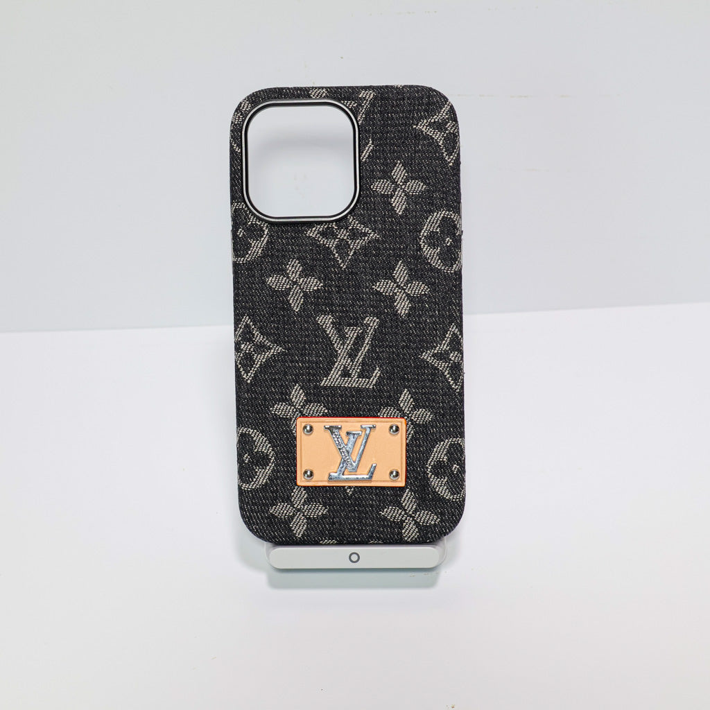 Close-up product view of the LV denim iPhone case and its woven protective back