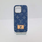 Denim style LV iPhone case showing the fitted cover, camera area and textured surface