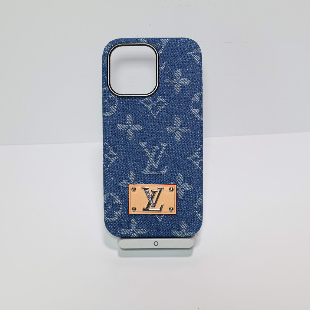 Denim style LV iPhone case showing the fitted cover, camera area and textured surface