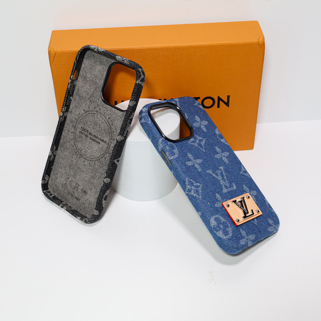 Close-up of the denim style LV iPhone case highlighting the woven fabric finish