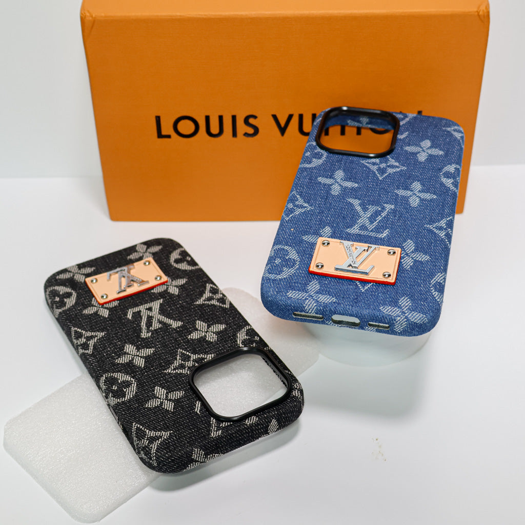 Denim LV iPhone case showing the protective back cover and detailed edge finish