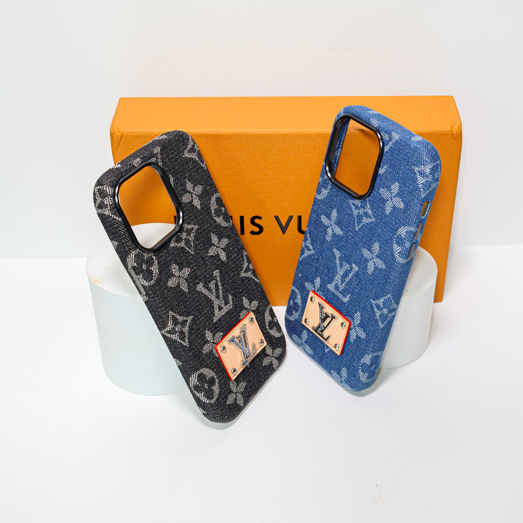 LV denim iPhone case showing the fabric texture, rear cover and fitted camera opening