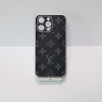 LV electroplated iPhone case shown from the back with protective corners and pattern