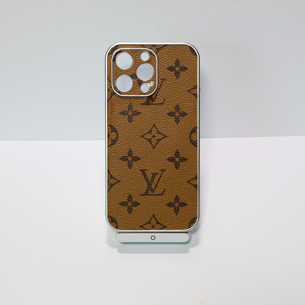 Close-up of the electroplated LV iPhone case showing edge protection and camera area