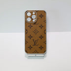Close-up of the electroplated LV iPhone case showing edge protection and camera area