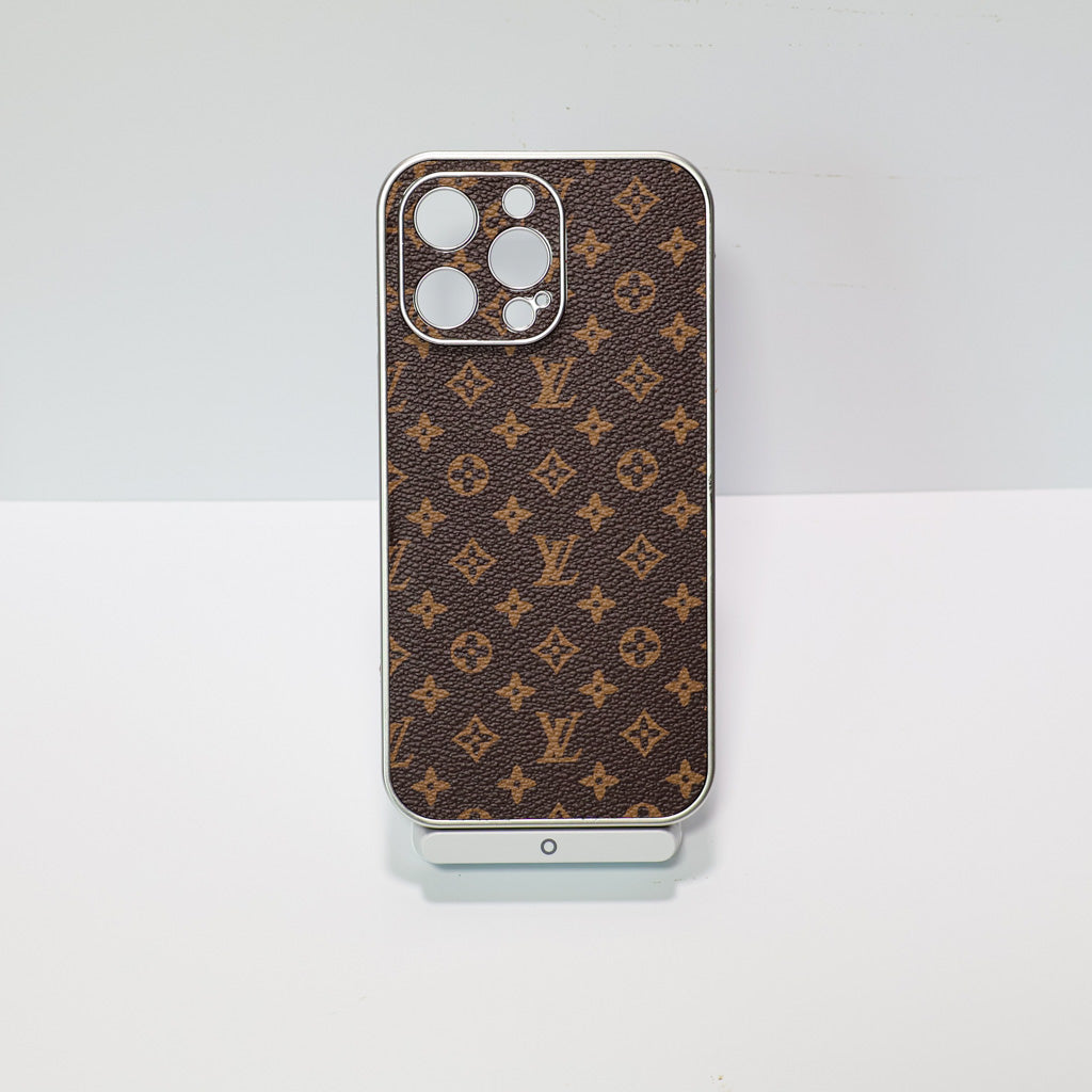 LV electroplated phone case showing the patterned surface, camera cutout and fitted edges