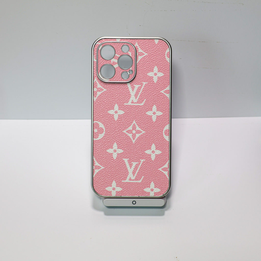 Close-up of the LV iPhone case highlighting the electroplated frame and back pattern