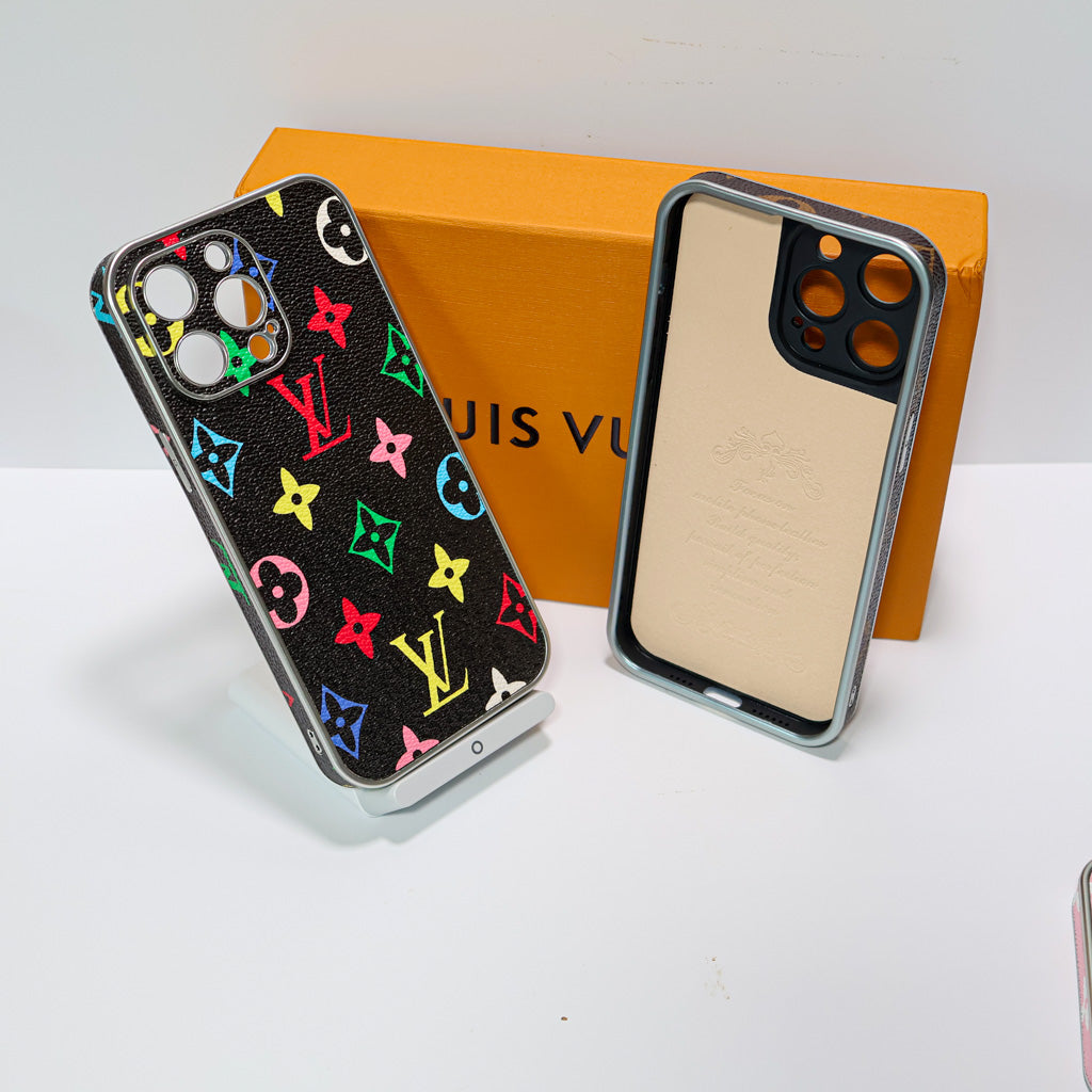 Detailed view of the LV electroplated iPhone case showing the glossy finish and fit