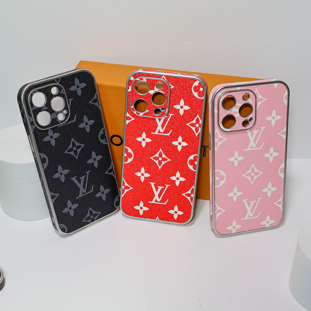 Electroplated LV iPhone case showing the glossy patterned back and metallic edge finish