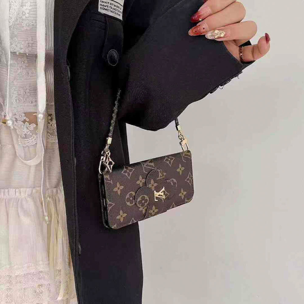 LV folio card holder iPhone case close-up showing leather texture and the wallet section
