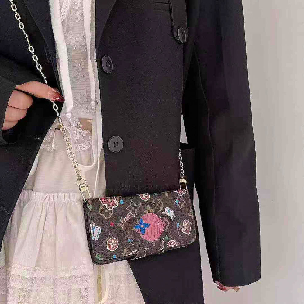 LV folio card holder iPhone case showing the folding wallet cover and integrated card storage