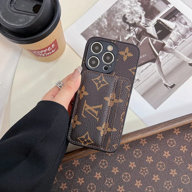 Brown monogram leather dual cardholder iPhone case showing the patterned wallet back