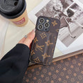Brown monogram leather dual cardholder iPhone case showing the patterned wallet back