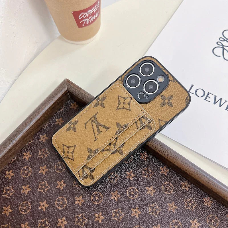 Pale monogram leather dual cardholder iPhone case showing the light patterned wallet finish