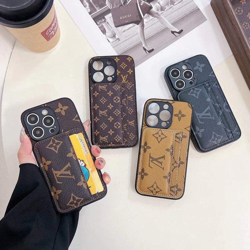 Luxury monogram leather dual cardholder iPhone case showing the integrated rear storage