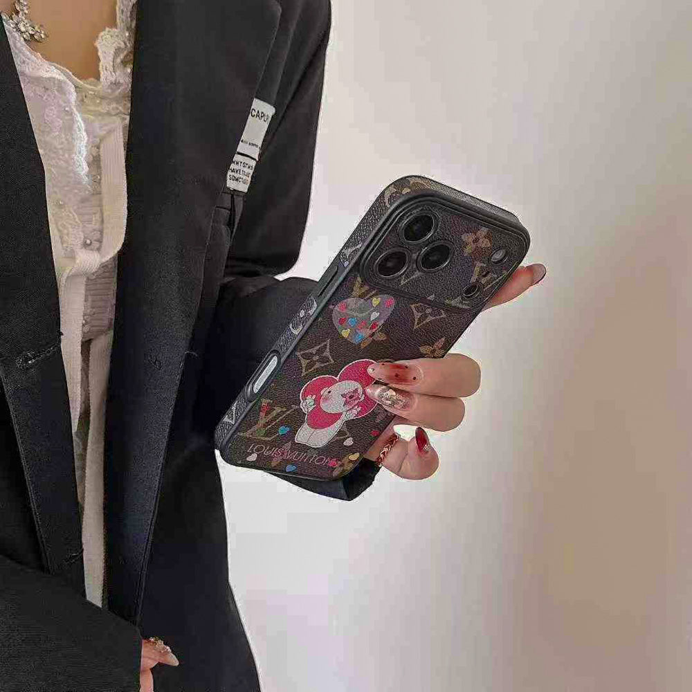 Multicolor monogram LV iPhone case showing the leather texture and protective camera area