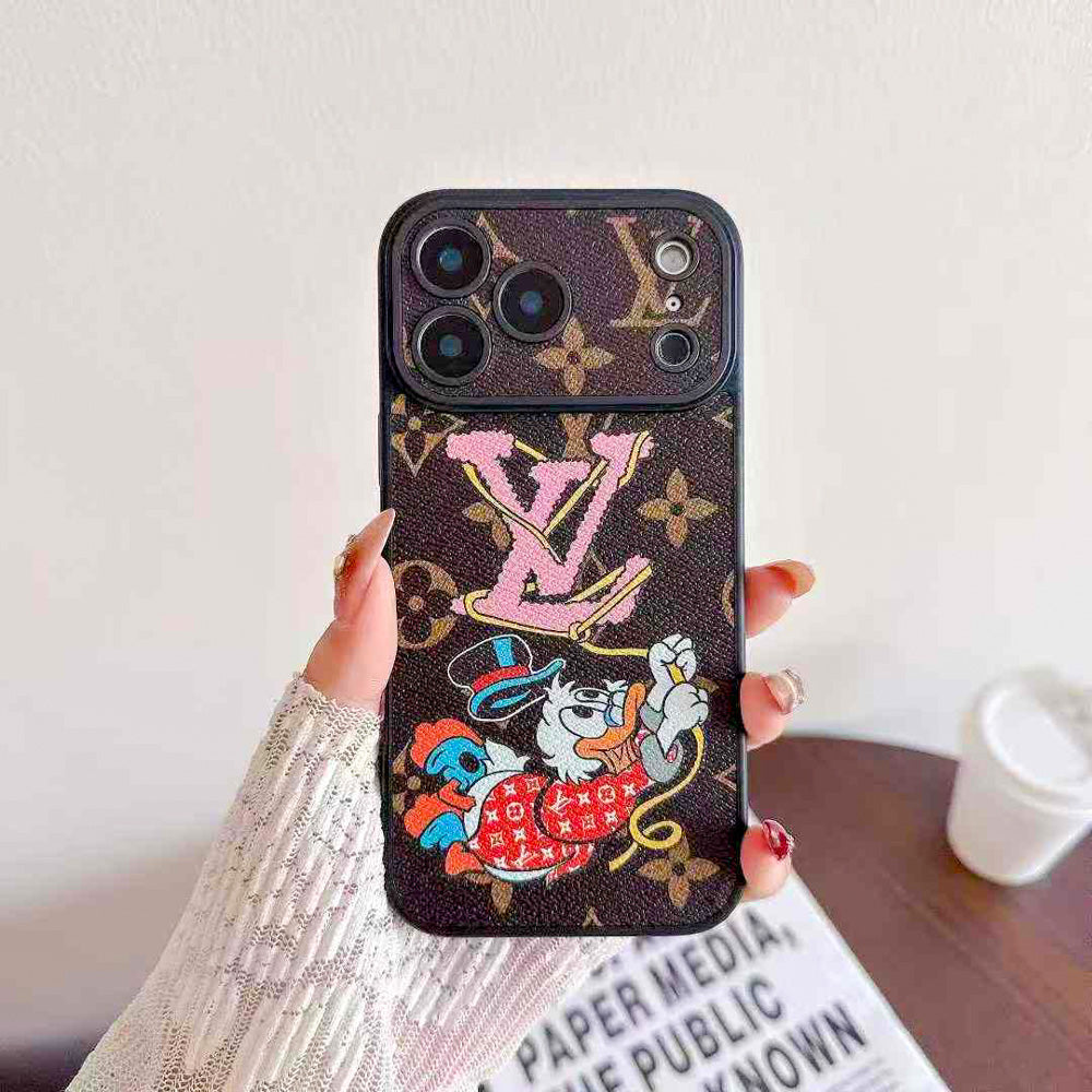 Multicolor monogram LV iPhone case close-up showing the fitted edge finish and patterned cover