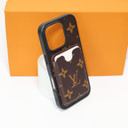 Detailed view of the LV leather iPhone case showing the card holder and patterned cover