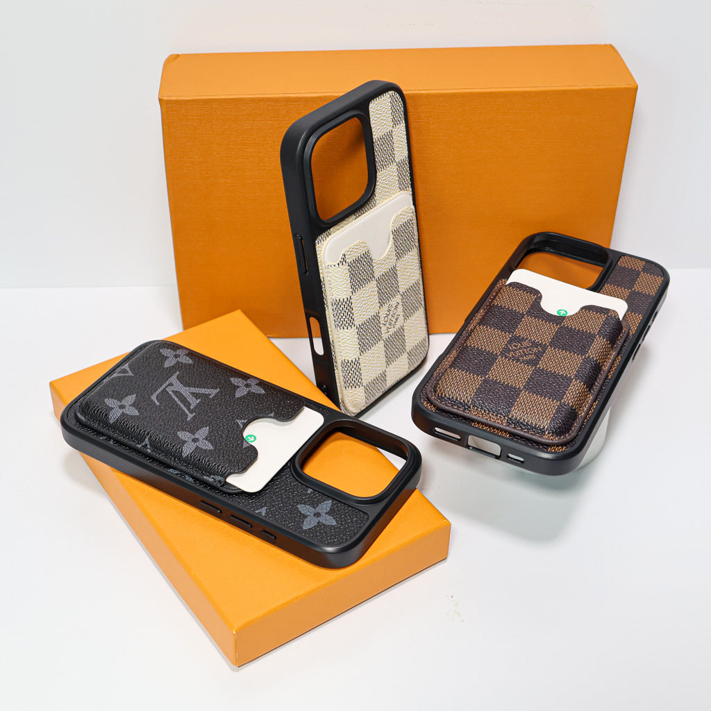 LV iPhone card holder case showing the protective back, camera opening and leather finish