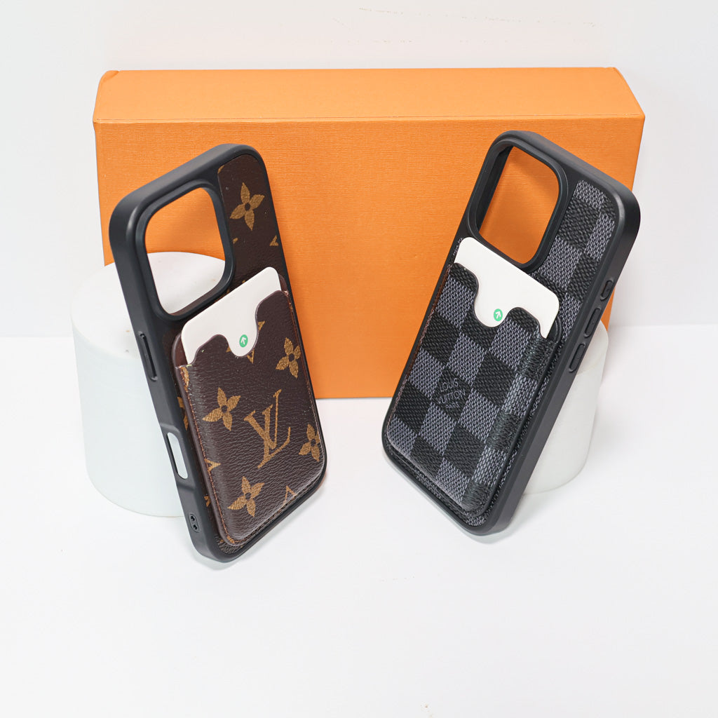Leather card holder iPhone case showing the wallet-style rear panel and fitted edges