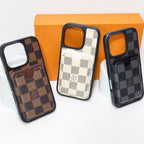 LV leather iPhone case with card holder showing the rear wallet slot and patterned finish