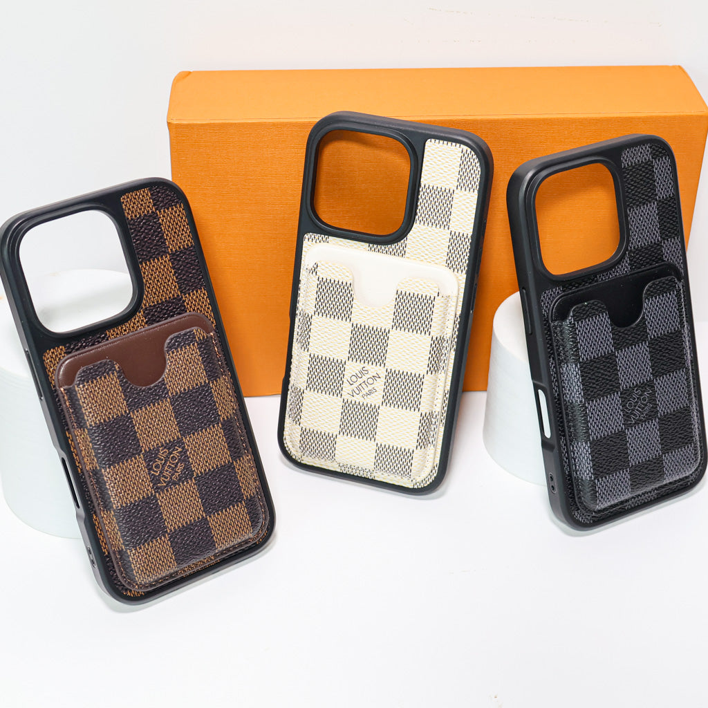 LV leather iPhone case with card holder showing the rear wallet slot and patterned finish