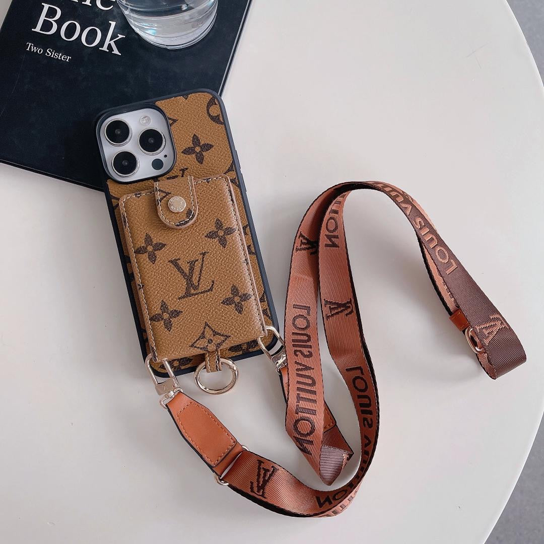Pale monogram Louis Vuitton crossbody card holder iPhone case showing the light wallet back